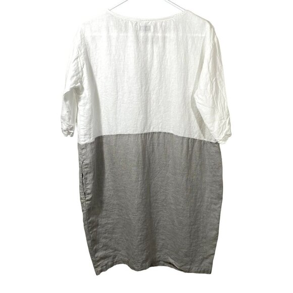 Magic Linen Women's Adria Color Block Linen 3/4 Sleeve Dress Size M White Gray - Picture 2 of 9